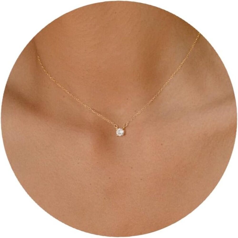Women Big CZ Gold Necklace 14k Gold Plated Long Lariat Necklace Simple Gold